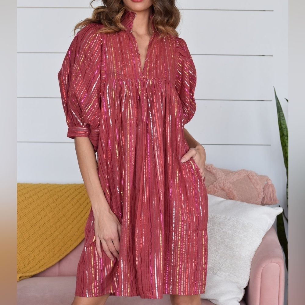 Never A Wallflower High Neck Dress Size XS Metallic Stripe Puff Sleeve Pink Red